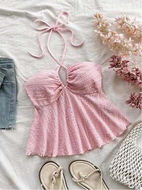 Pink Eyelet Halter Babydoll Top